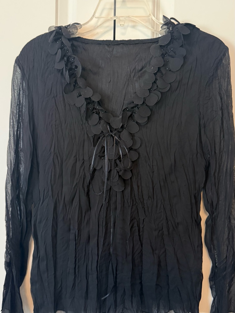 Women's Black Long Sleeve V-Neck Blouse with Petal Trim